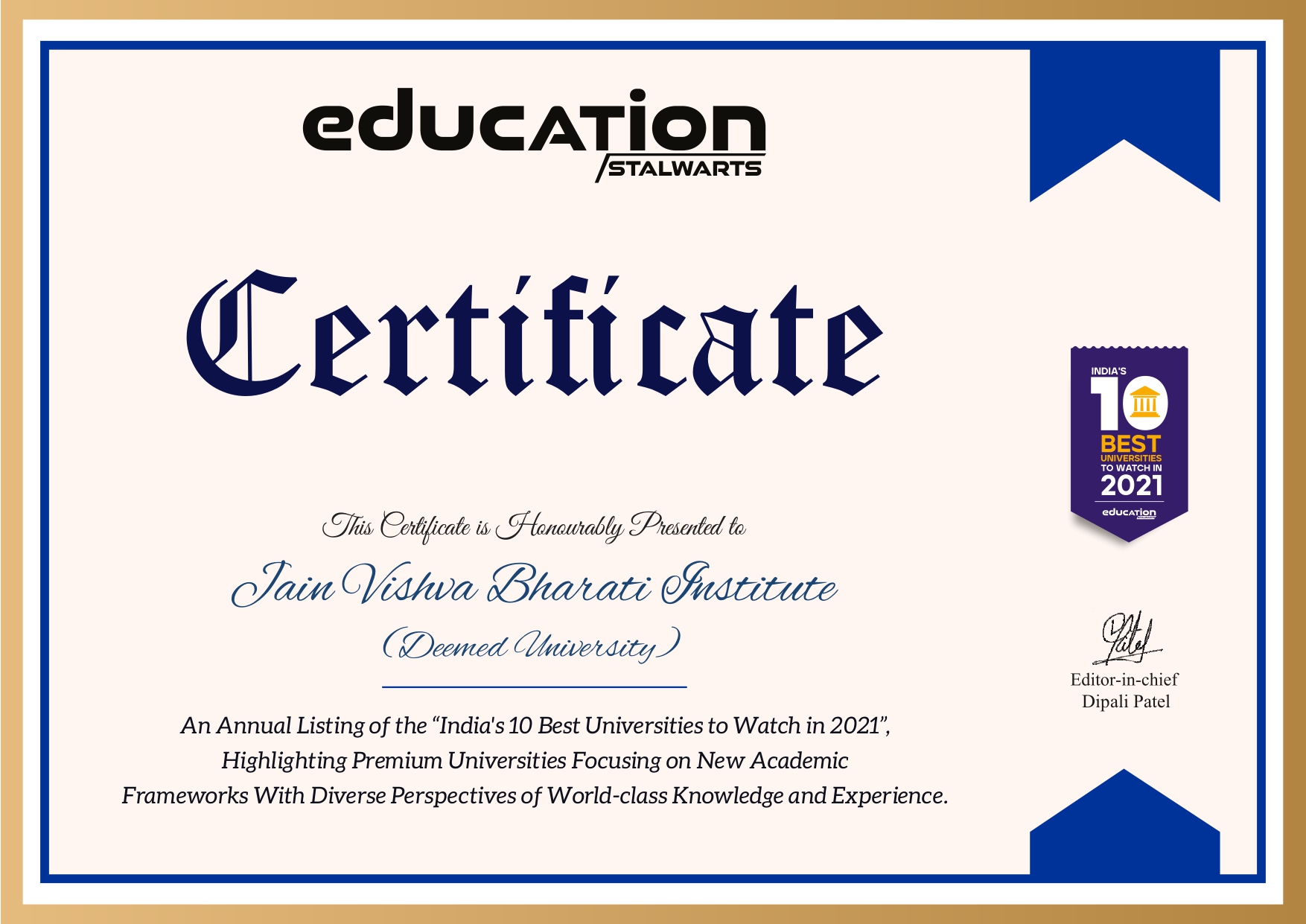 JVBI Certificate of Honor